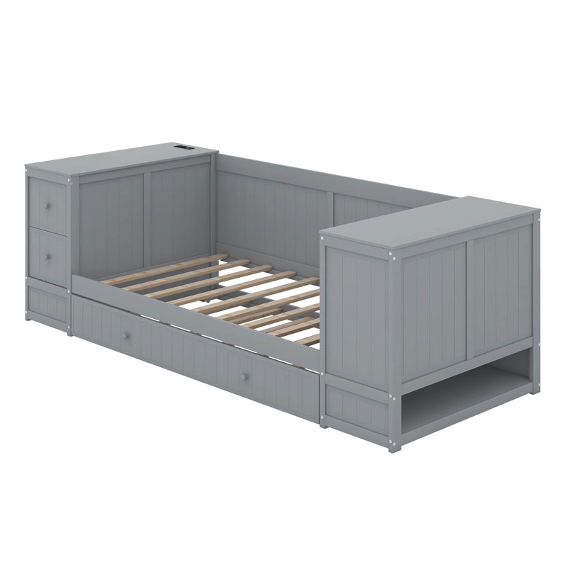 Twin Size Daybed, Wood Sofa Bed Frame With Trundle And Versatile Storage Arms, Gray