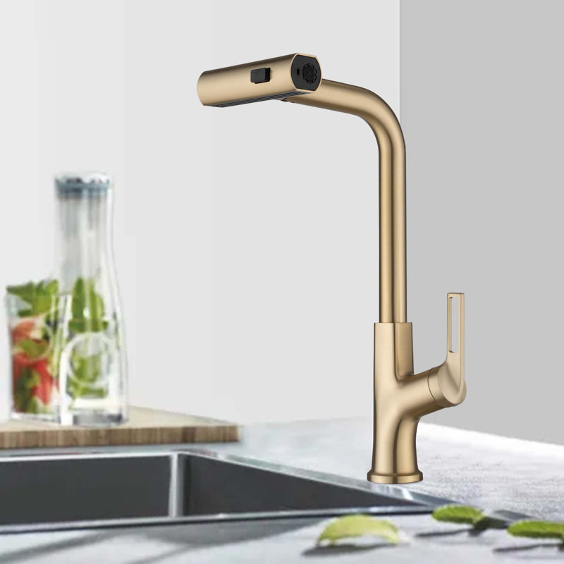 Robinet d'évier de cuisine à poignée simple 360 ° avec douchette rétractable (seulement 1 robinet), Or brossé