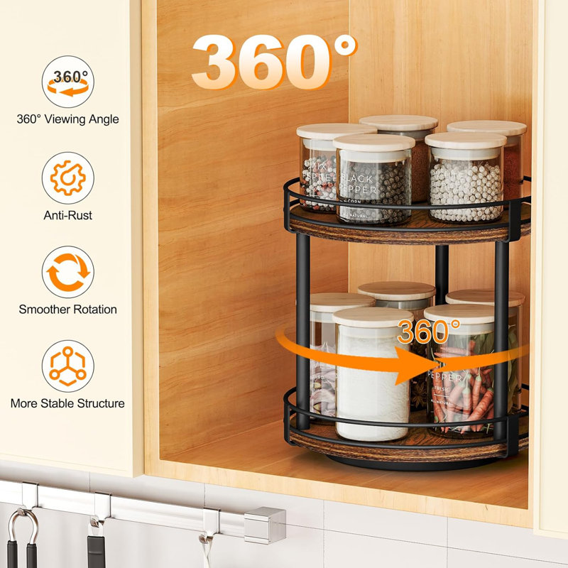 Étagère à épices rotative à 2 niveaux en bois brun, 10,5 po x 10,2 po x 10,4 po pour comptoir de cuisine et armoire