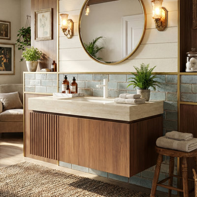 36" Modern Floating Vanity, Sintered Stone Top (Light Gray / Travertine) With Ceramic Sink & Plywood Cabinet (White Oak / Brown Oak) & 1 Drawer