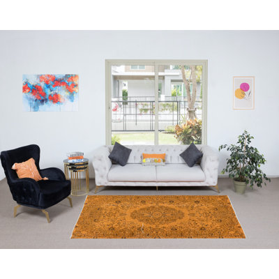Tapis orange en laine fabriqué à la main 5,2 x 8,4 pi de style moderne médaillon 5,2 x 8,4 pi