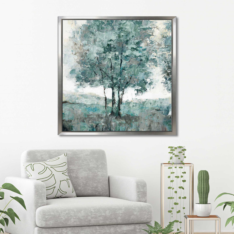 «Teal Sentinel I» par Nan - Peinture, Cadre flottant argent, H 27,5 po x l 27,5 po x P 2 po