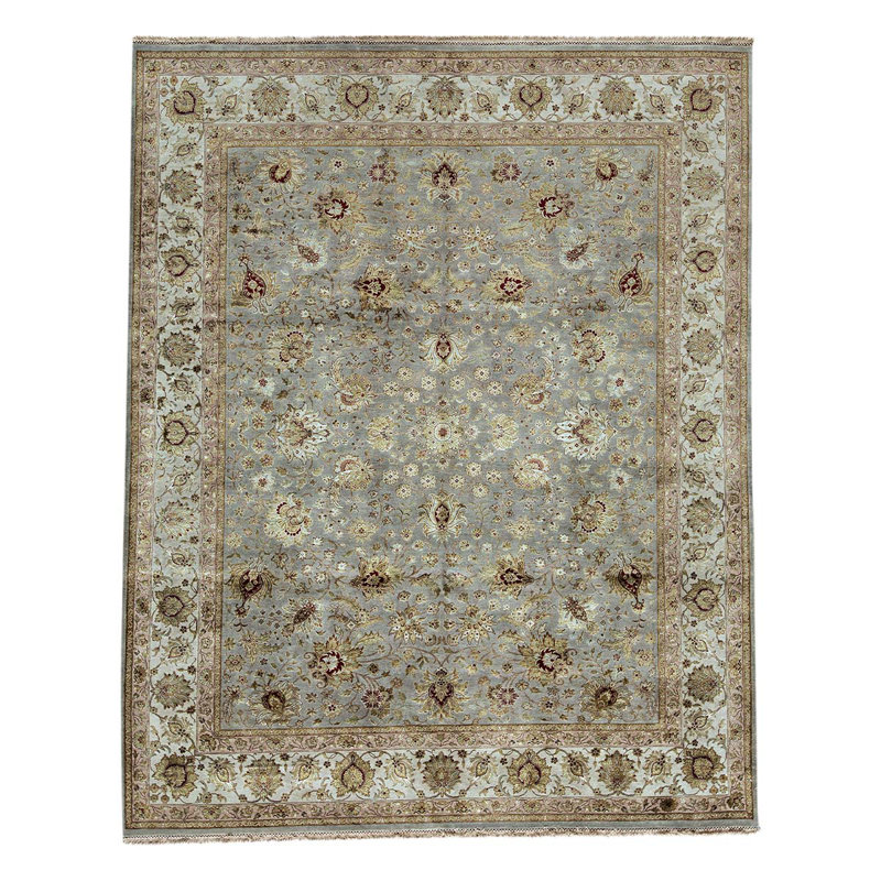 Tapis gris / ivoire noué à la main de conception unique 7 pi 11 po x 9 pi 9 po