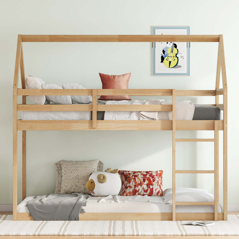 Rubber Wood Floor Bunk Bed,with ladder,Guardrails,House-Shaped-Bunk Bed, White;Oak