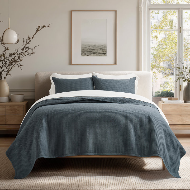 Evergrace 100% Cotton Quilt, Pre-Washed Modern Grid Stitch Lightweight Bedspread Coverlet For All Season, Oversized 3-Piece Quilt Set With 2 Pillow Shams