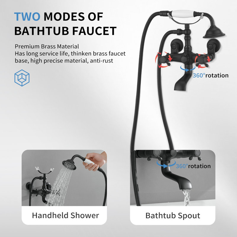 2 Handle Wall Mounted Clawfoot Tub Faucet, Matte Black