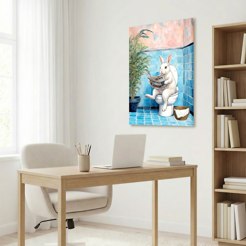Lapin lisant le journal dans la salle de bain, reproduction d'art sur toile tendue sur toile, ensemble de 1