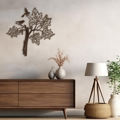 Bird Standing on Tree Minimalist Modern Abstract Wall Accent Sculpture Hanging Decoration Metal Wall Decor