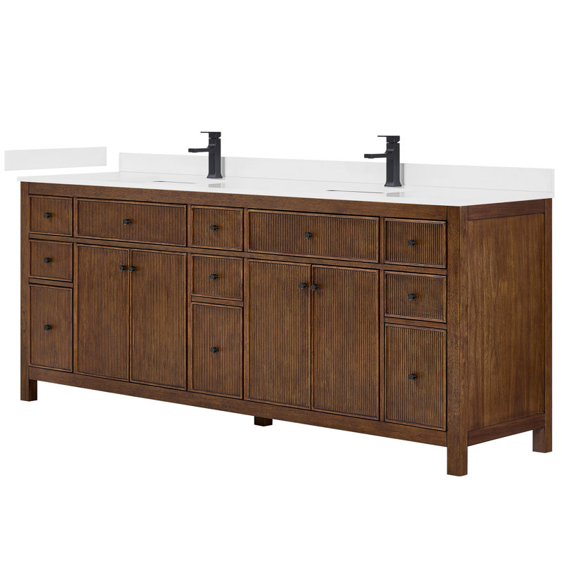 Pendry 84" Freestanding Double Bathroom Vanity with Top, Dark Walnut, Matte Black, Carrara Cultured Marble