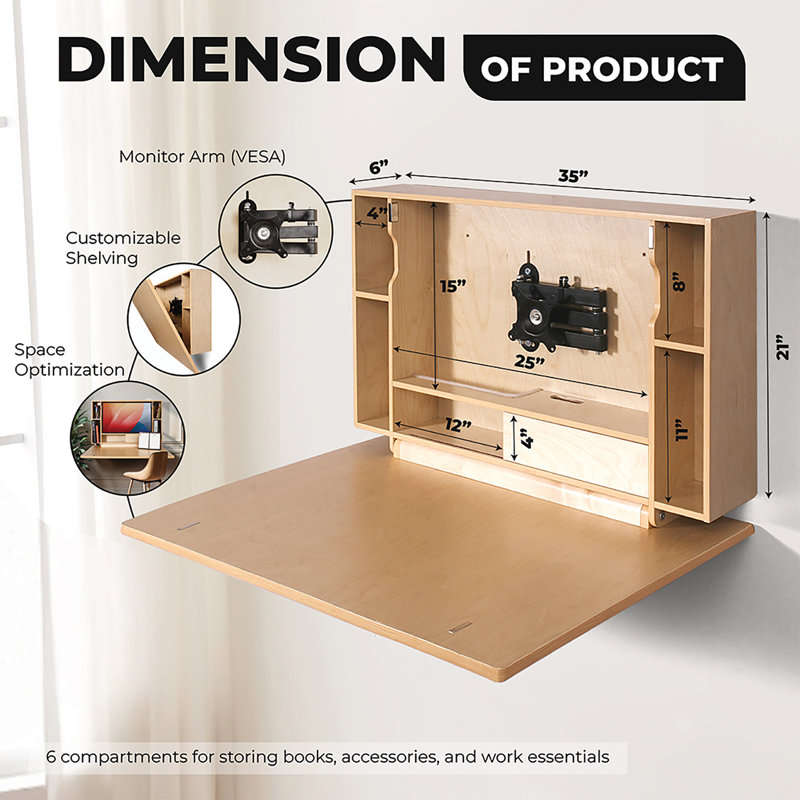 Wall Mounted Working Desk Folding 36 Inches, Space Saving Floating Desk for Small Spaces, Computer Table with Storage Shelf, Foldable Study Desk for Bedroom, Apartment, Home Office