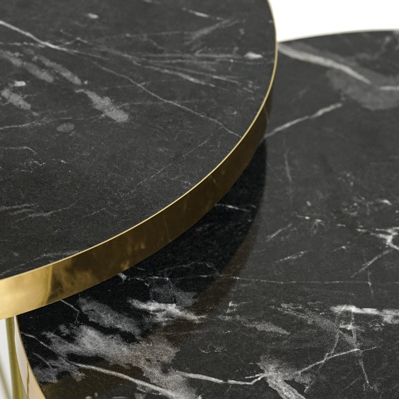 Marble-Look Side Nesting Tables Modern End Tables Set of 2 with Gold Legs, Black