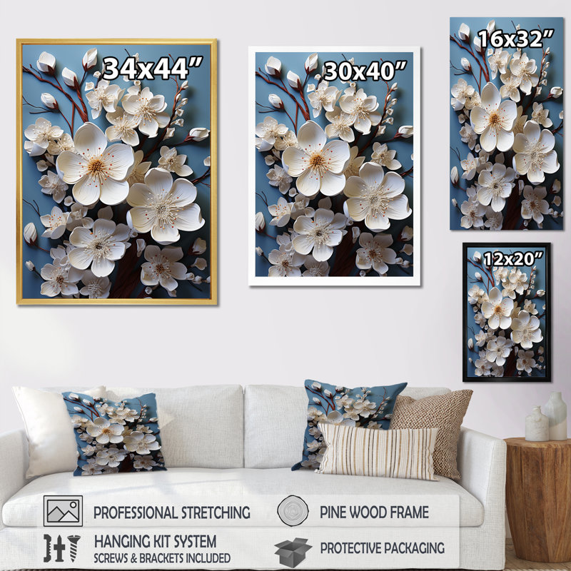 Cornouiller blanc qui fleurit tranquillité II sur toile, Cadre flottant blanc, H 32 po x l 24 po x P 1 po
