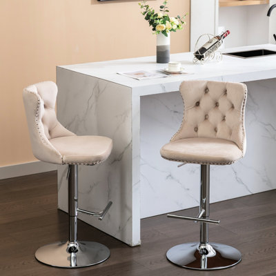 Beige Velvet Of 2 - Adjustable Seat Height 25-33 Inch, 360 Swivel, Comfortable For Home And Pub Kitchen Swivel With Backs 25 33 Inch Island 2Pcs