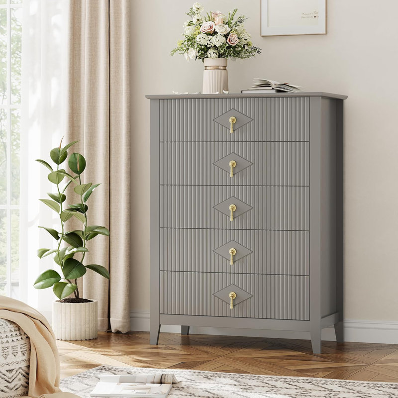 Commode pour chambre à coucher avec 5 tiroirs, commode moderne de 32 po de largeur avec poignée en métal, Gris