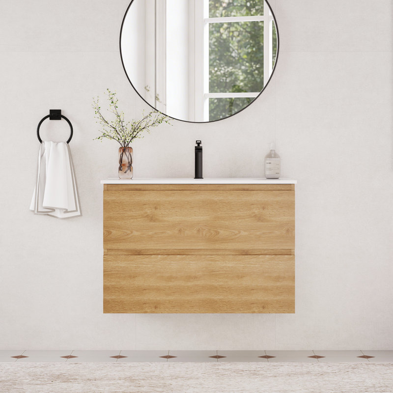 Meuble-lavabo flottant mural 36 po avec lavabo en céramique, noyer naturel, Noyer naturel, 36"