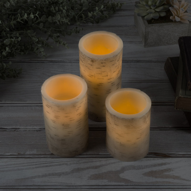 August Grove Flameless Candles - 3-Pack Faux Birch Bark Battery Operated LED Candles with Remote and Flickering Light - Candles for Home Décor