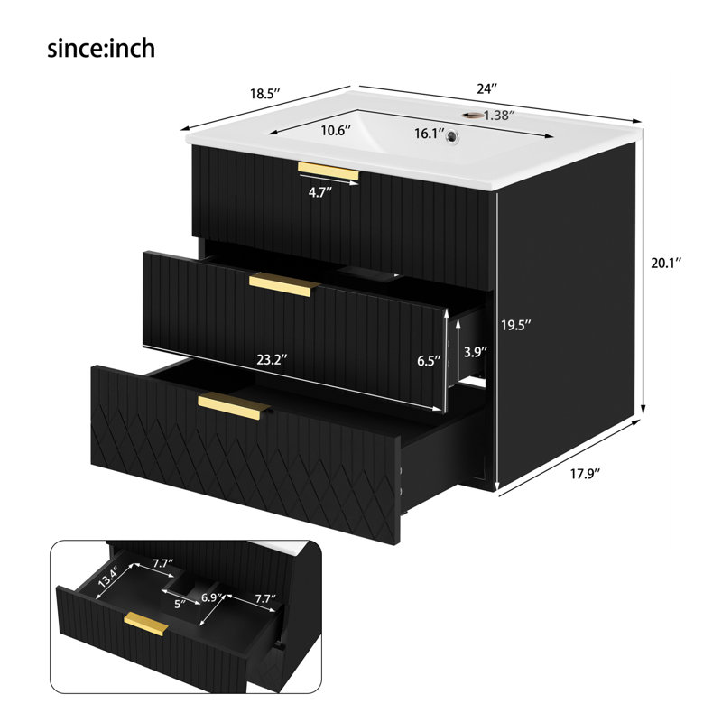 Meuble-lavabo simple l 24 po avec comptoir en céramique et tiroirs, Noir