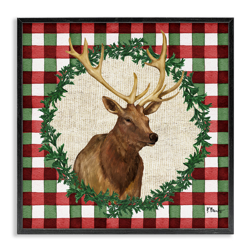 «Plaid Holiday Elk», art de la giclée encadrée par Paul Brent, Giclée encadrée noir minuit, H 12 po x l 12 po