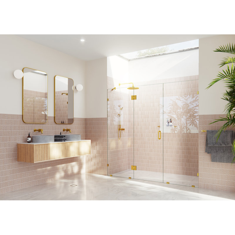 Stellar 79.5 in. W x 78 in. H Fully Frameless 3 Panel Inline Glass Hinged Shower Enclosure, Satin Brass