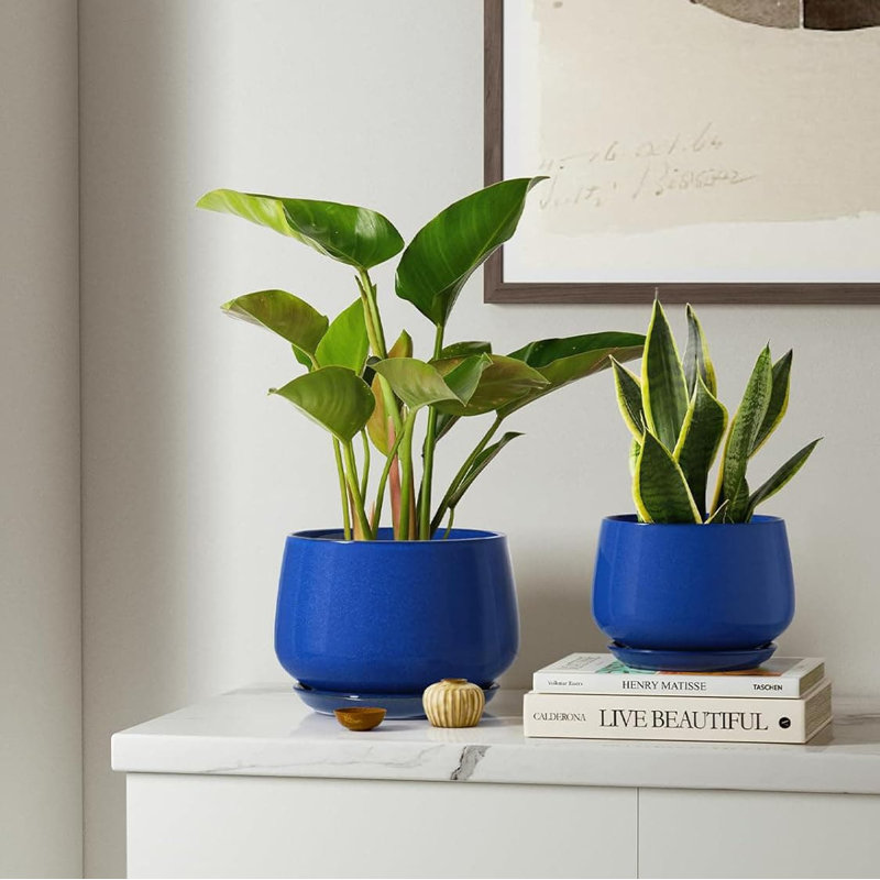 Set of 3 Ceramic Plant Pots, Reactive Glaze Planters with Drainage Hole & Saucer, Blue