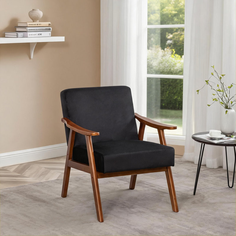 Pour salon supplémentaire | Fauteuil d'appoint compact, revêtement en velours avec cadre en bois massif noir mat, Black