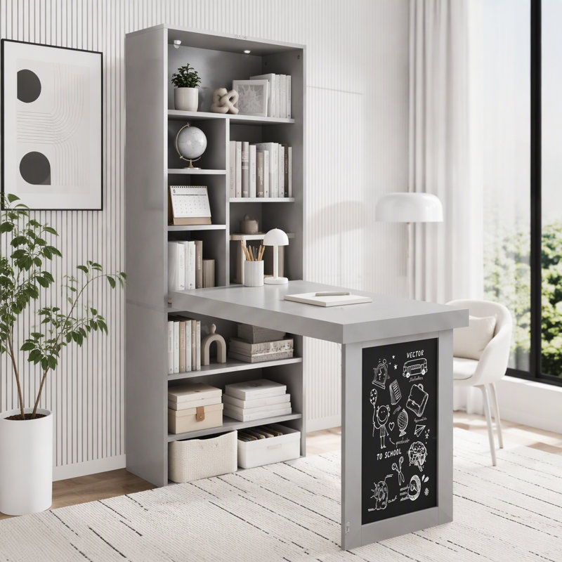 Folding Desk with Storage, Chalkboard, and Shelves, Foldable Wall-Mount Design, Grey