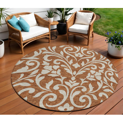 Tapis d'intérieur rond lavable floral brun et beige 8 pi
