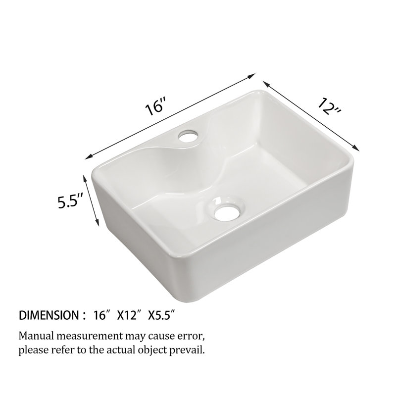 16"X12" White Ceramic Rectangular Vessel Bathroom Sink