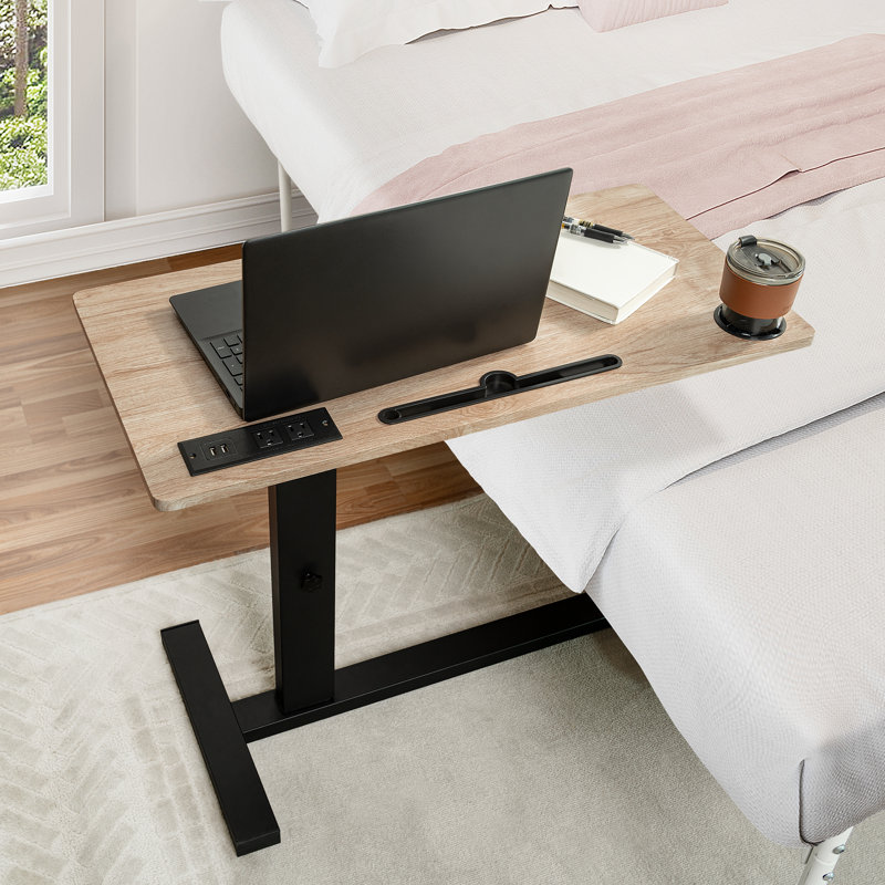 Adjustable Overbed Table with Hidden Casters, Rolling Bedside Desk with Tray, Standing Desk Cart with USB & C-Type Ports, Bedside Table with Cup Holder