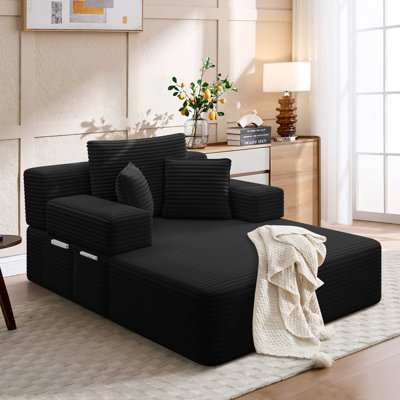 Luxurious Plush Corduroy Chaise Lounge Convertible Sofa Bed With Storage Pocket And Wide Armrests