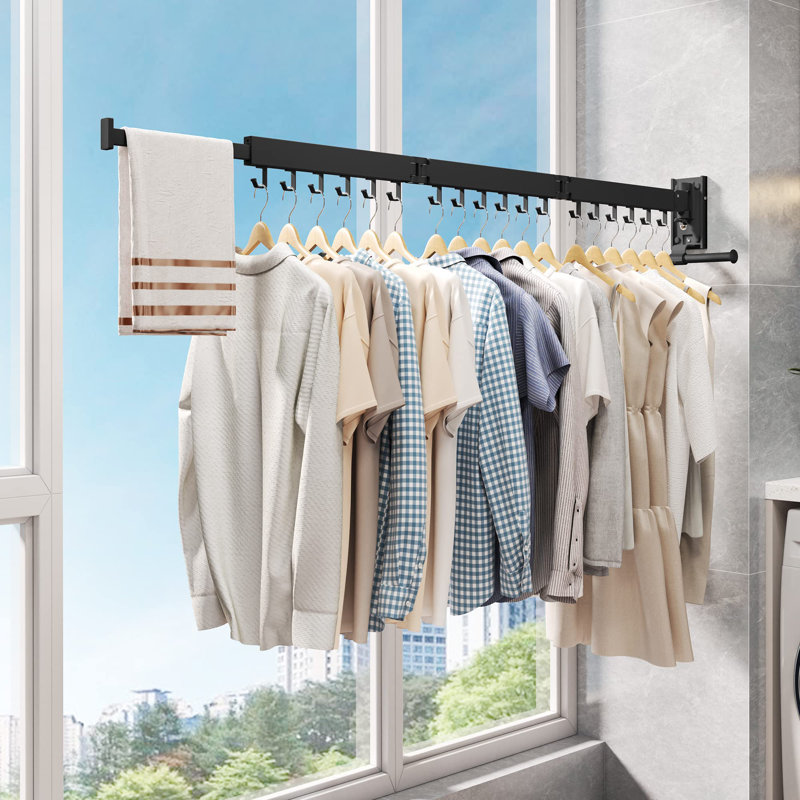 Drying Rack, Wall Mounted Clothes Rack, Aluminum, 220Lbs Capacity, Foldable, Black