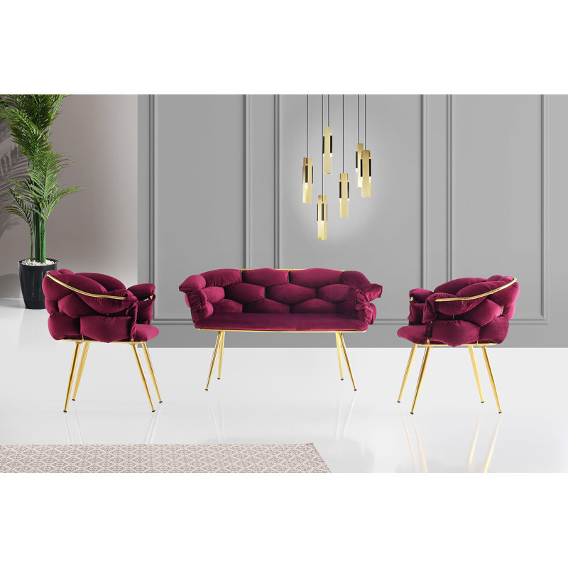 Ensemble de canapé moderne en velours (3 pièces) en prune et or | Structure 100% métal et panneau de particules enduit de mélamine | Canapé 2 places: 53,1 x 31,1 x 25,6 pouces, canapé 1 place: 29,5 x 31,1 x 25,6 pouces | Élégant et durable, parfait pour les salons glamour