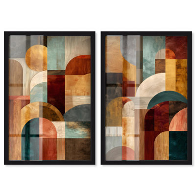 Contemporary Geometric Duo Shadowbox Print Abstract Boho Art Set by Art Remedy, Black Frame, 10 x 15