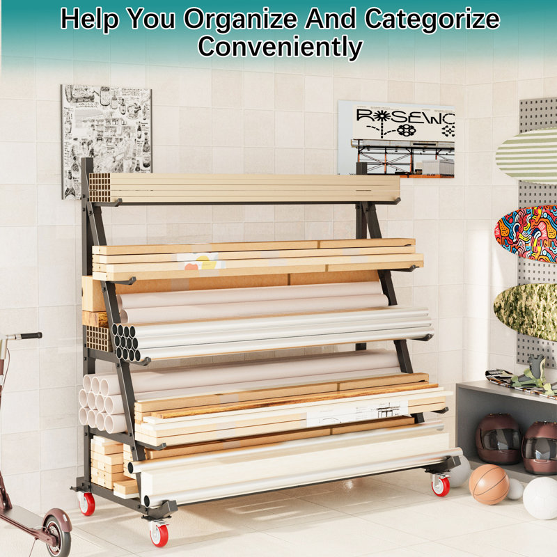 Alloy Mobile Storage Rack for Lumber & Conduit - Heavy-Duty 50" Wide Rolling Cart | Garage & Workshop Organizer