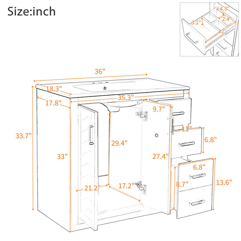 Ensemble de meuble-lavabo autoportant 36 po avec lavabo en céramique, Blanc