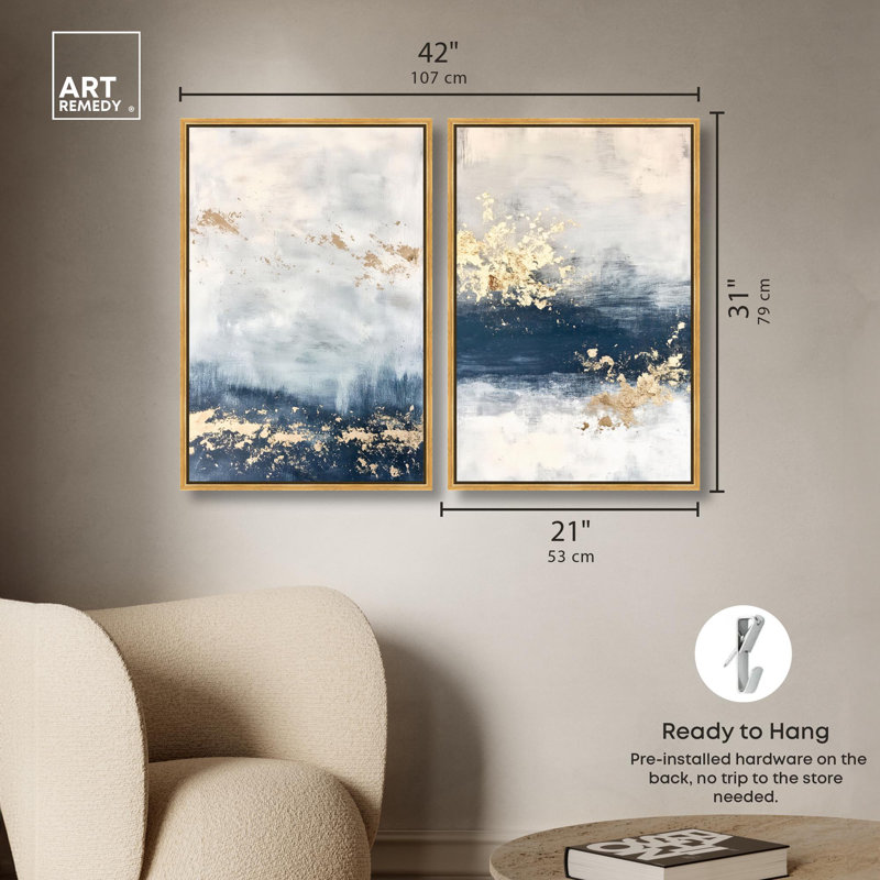 «Gilded Coastal Calm Blue Art», ensemble de 2 impressions sur toile par , H 31 po x l 21 po, Doré