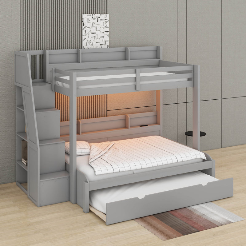 Lit simple superposé au dessus d'un lit double avec escalier de rangement, lit gigogne, tablettes de rangement et port USB