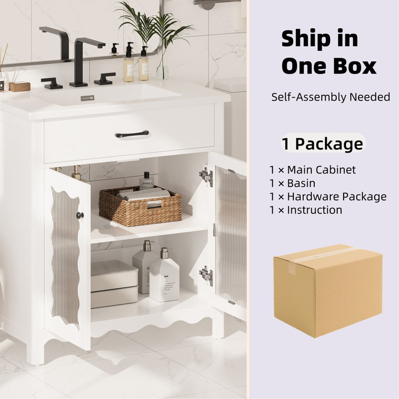 Meuble-lavabo de 79 cm (31 po) avec verre trempé, fermeture amortie et étagères réglables pour une personnalisation. Meuble moderne de 79 cm (31 po) avec lavabo intégré et charnières à rayures verticales.