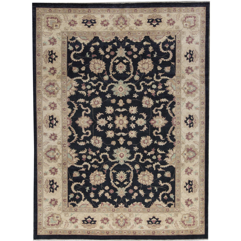 Tapis noir et ivoire de haute qualité noué à la main