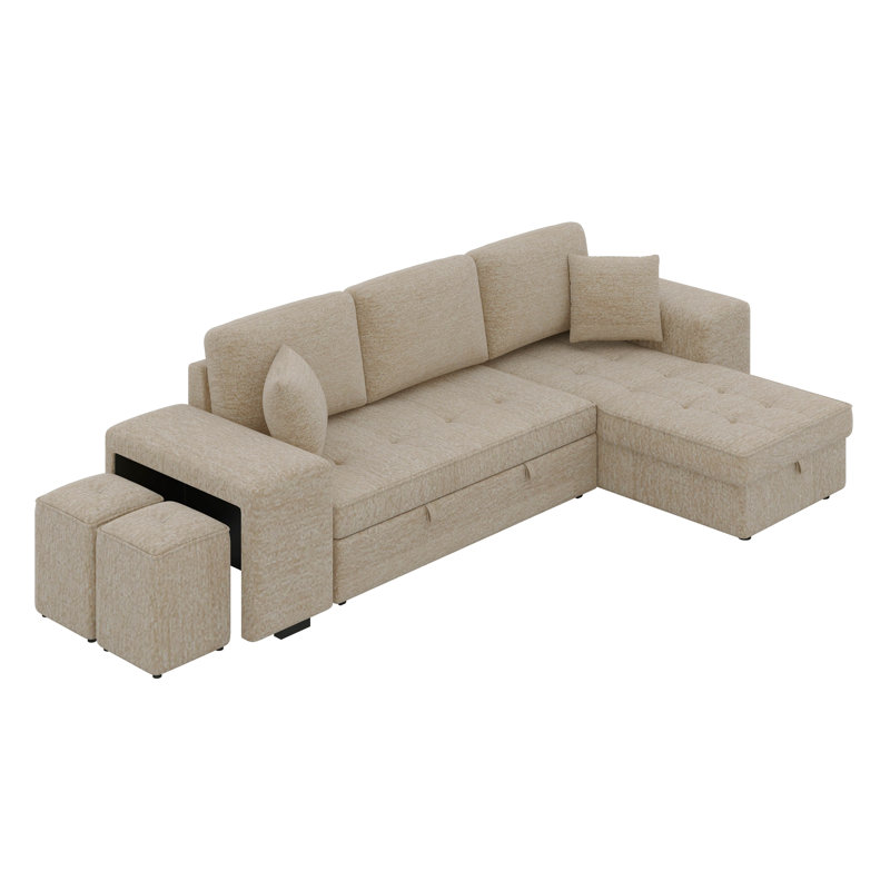 Canapé modulaire en L avec méridienne de rangement et 2 tabourets, lit escamotable, Crème, crème