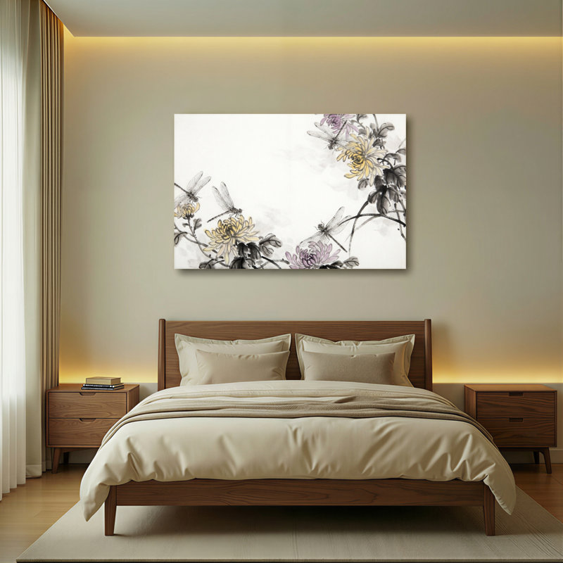 Ensemble de 1 tableau mural aquarelle Libellule florale, H 24 po x l 36 po