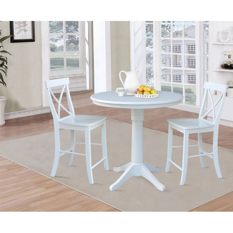Ensemble de salle à manger en bois massif à hauteur de comptoir 3 pièces Dorchen, H 35,9 po x L 36 po x l 36 po, Blanc