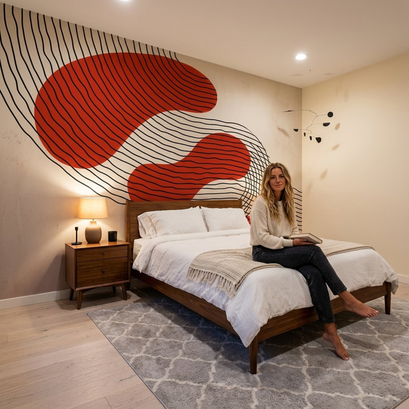 Papier peint moderne de style Mid-Century sur fond blanc, Texturé non collé, 140 po x 108 po