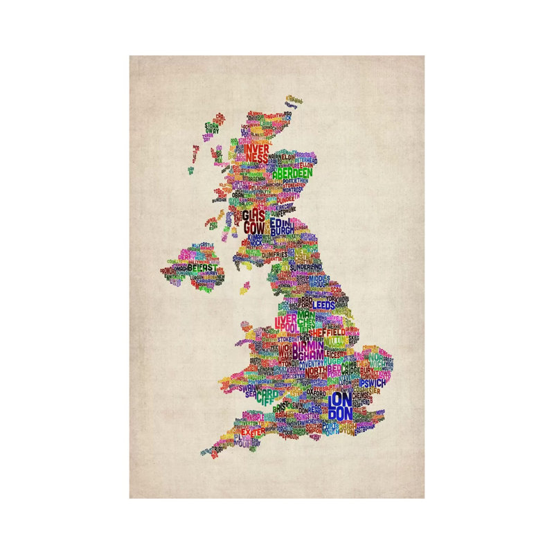 Great Britain UK City Text Map IV by Michael Tompsett - Wrapped Canvas Painting, 20.32 cm H x 30.48 cm W