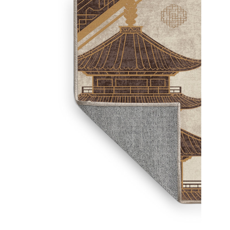 Tapis oriental beige lavable à la machine à motif d'inspiration mondiale Penola, Rond 8 pi