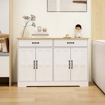 Buffet blanc de 122 cm (48,02 po) - 2 tiroirs, 4 portes. Parfait pour l'entrée. Grande capacité, finitions soignées. Convient à la chambre ou à la cuisine. Classe énergétique E1. Spacieux.