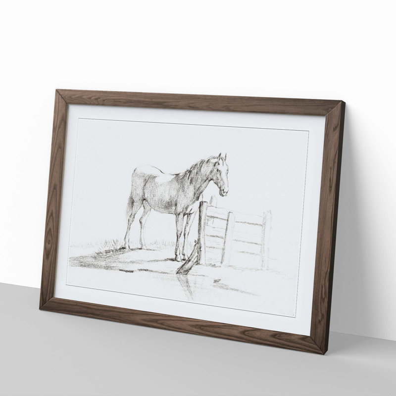 Horse by the Gate by Jean Bernard - Picture Frame Drawing Print, Walnut Framed, 48cm H x 65cm W x 2cm D