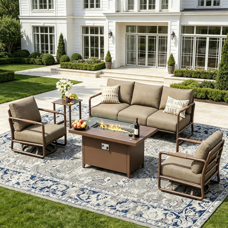 Outdoor Aluminum Patio Furniture Set, 5-Seats Patio Conversation Sofa Set with 2 Swivel Rocking Chairs and Oversized Fire Pit Table