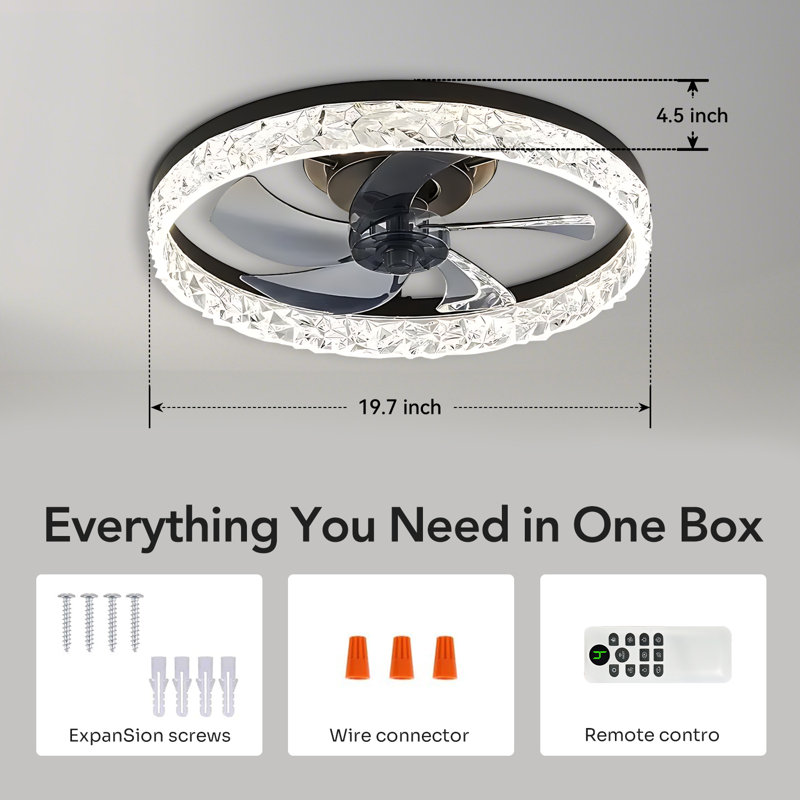 Ventilateur de plafond de 20 po en cristal noir avec télécommande - moteur réversible à 6 vitesses, 3 modes de couleur, silencieux et à intensité variable