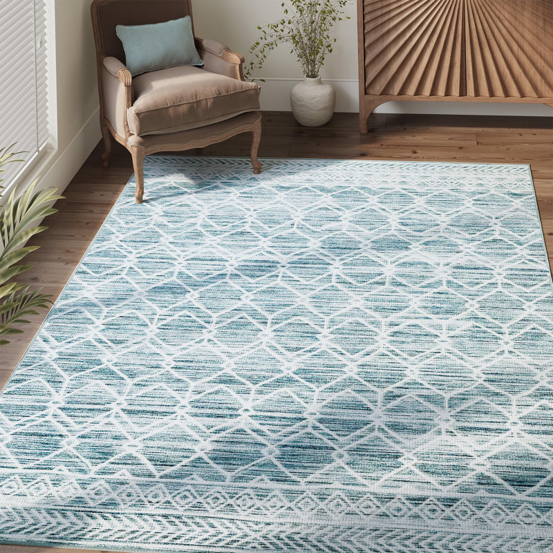 Tapis bleu marocain à motif géométrique antidérapant lavable, Rectangle 3 pi x 5 pi